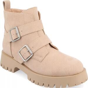 Journee Collection Women Maebry Ankle Moto Booties Size US 7.5M Beige Faux Suede